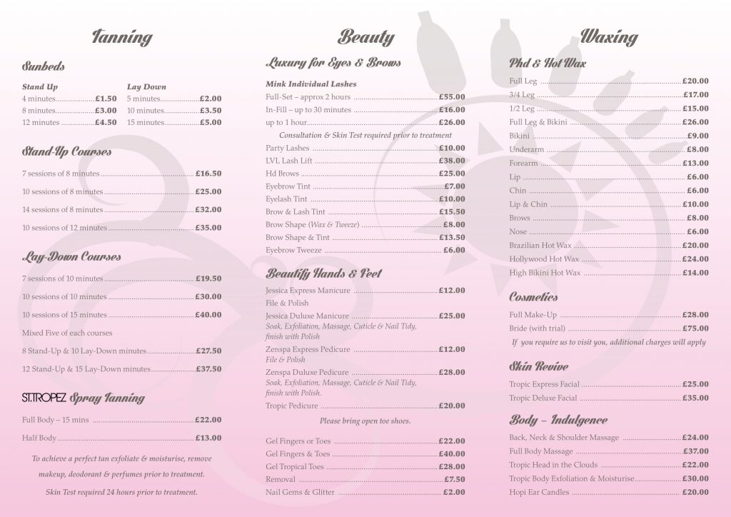 Treatment prices – the beauty clinic Treatments Price List | Solar Tan & Beauty